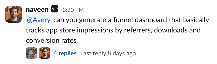 A teammate asking Avery for a funnel dashboard in Slack