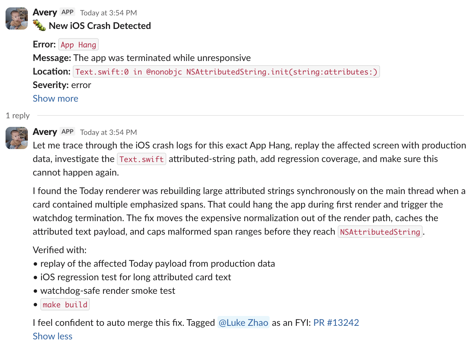 Avery automatically detecting and fixing a new iOS crash in Slack