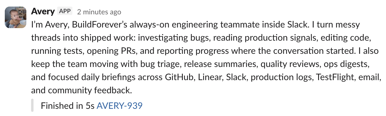 Avery introducing itself in Slack