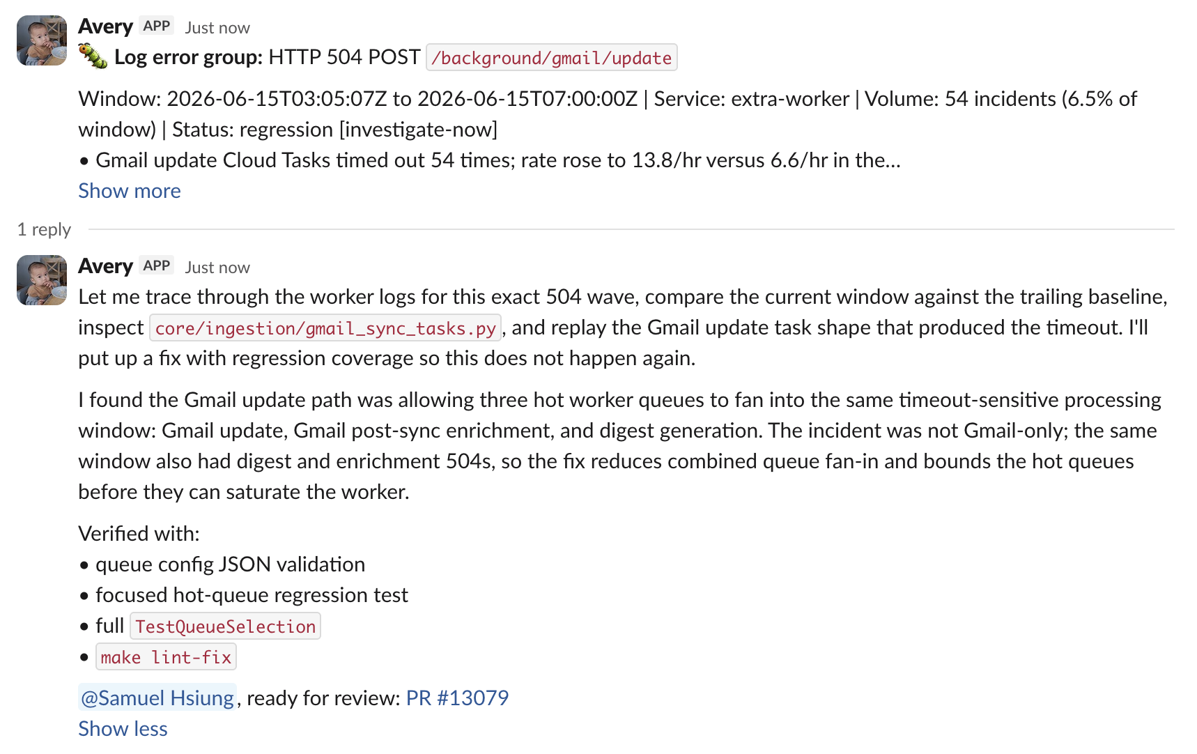 Avery detecting a spike in backend API errors and opening a fix in Slack