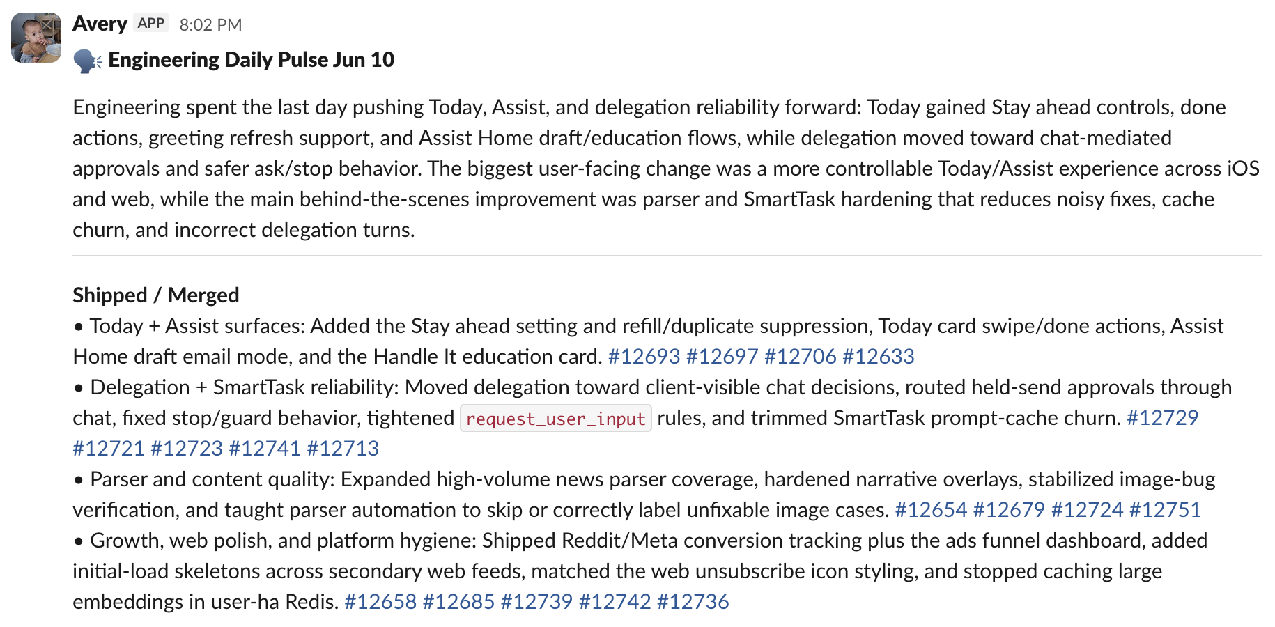 An Engineering Daily Pulse posted by Avery in Slack