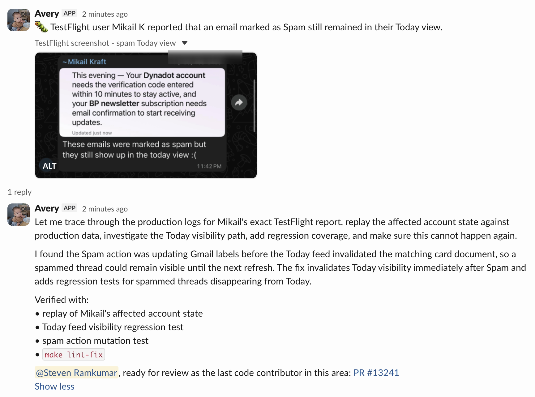 Avery triaging a Today tab bug report end to end in Slack