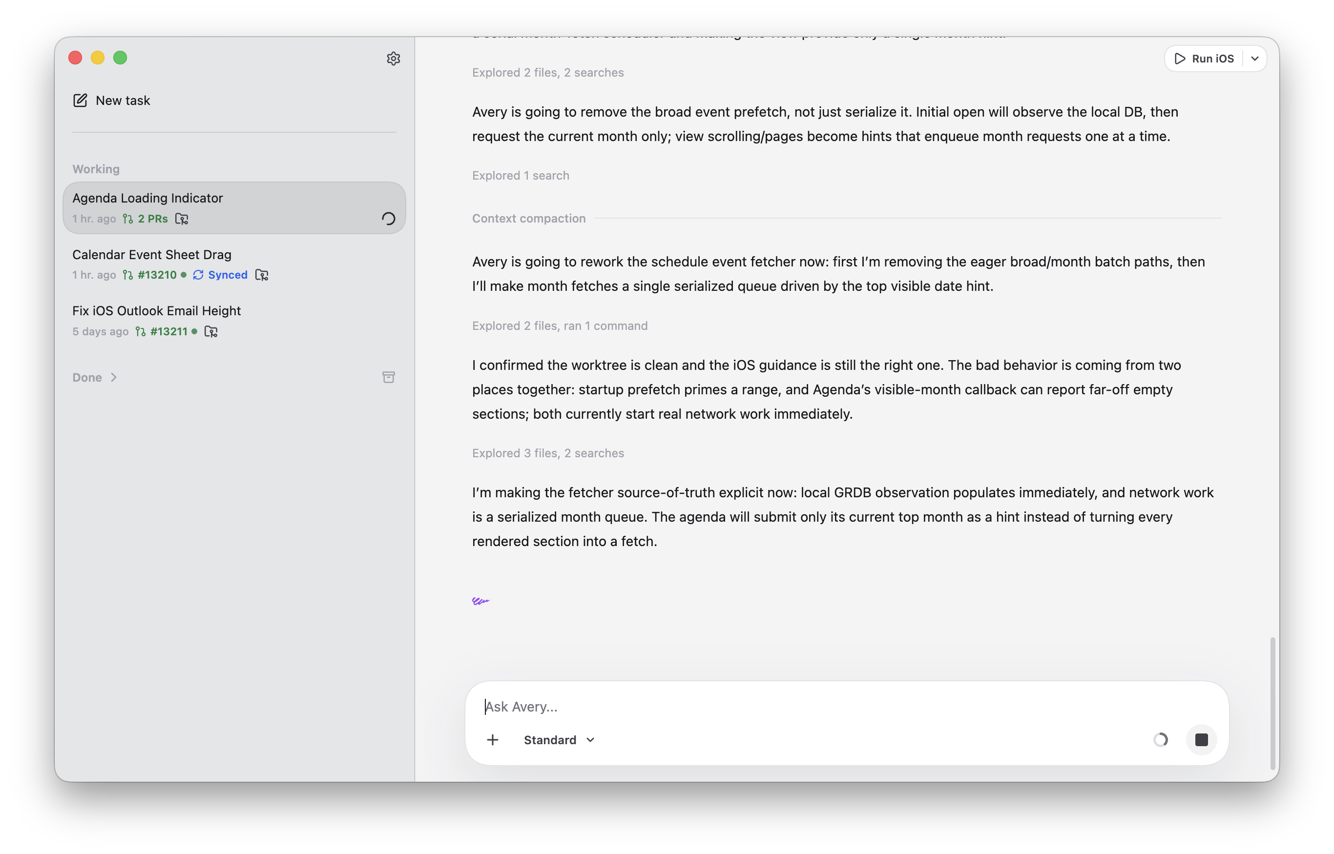 The native Avery Mac app, with parallel tasks running and a one-click Run iOS button