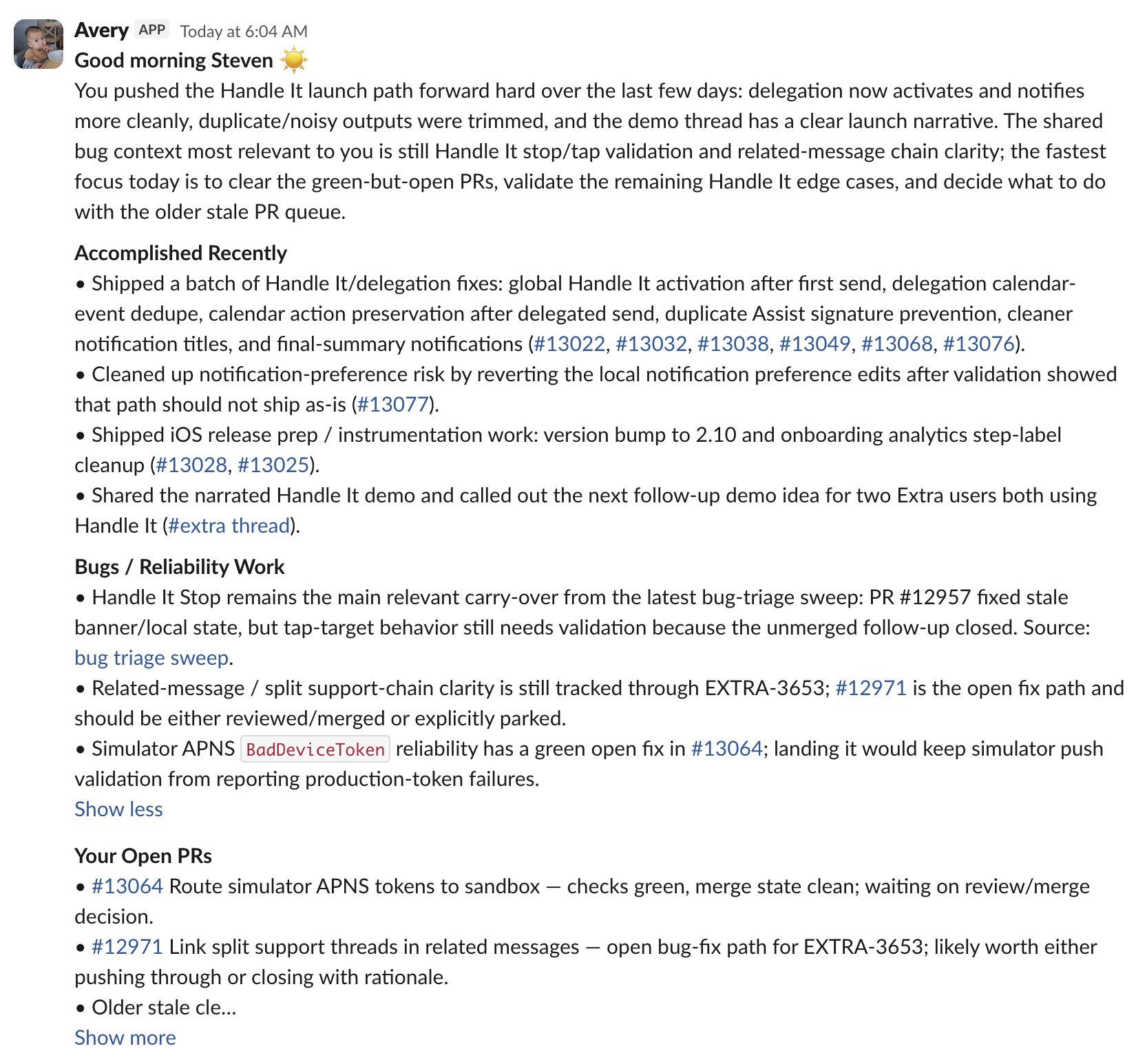 A Personal Morning Focus brief Avery posts for a teammate in Slack